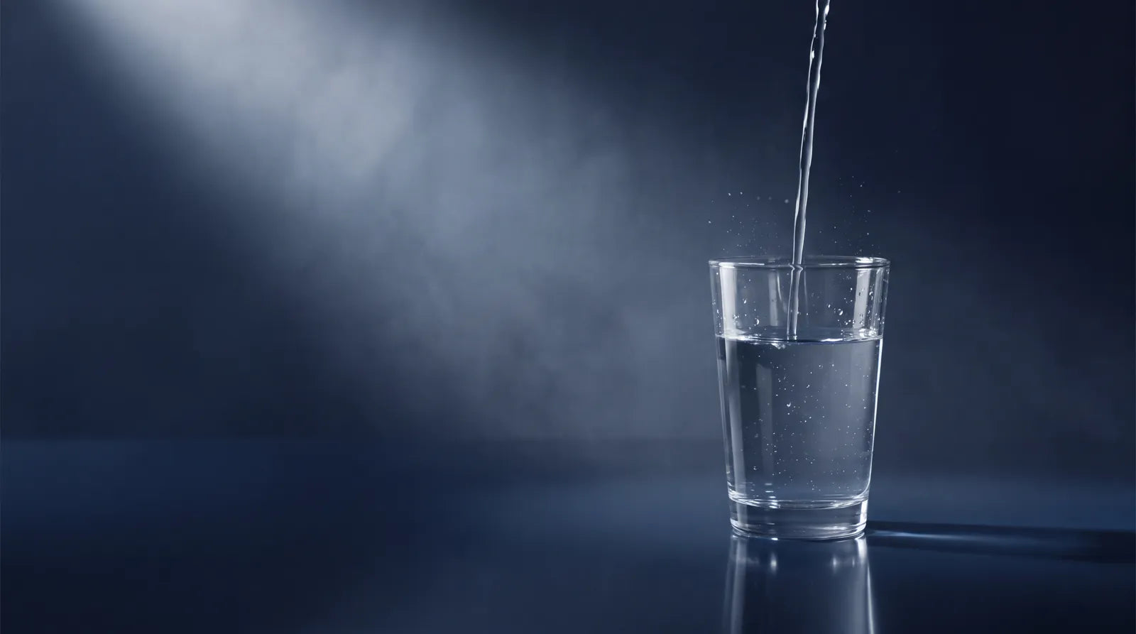 Wasser läuft in ein klares Glas auf dunklem Grund, von oben links fällt ein kühler Lichtkegel