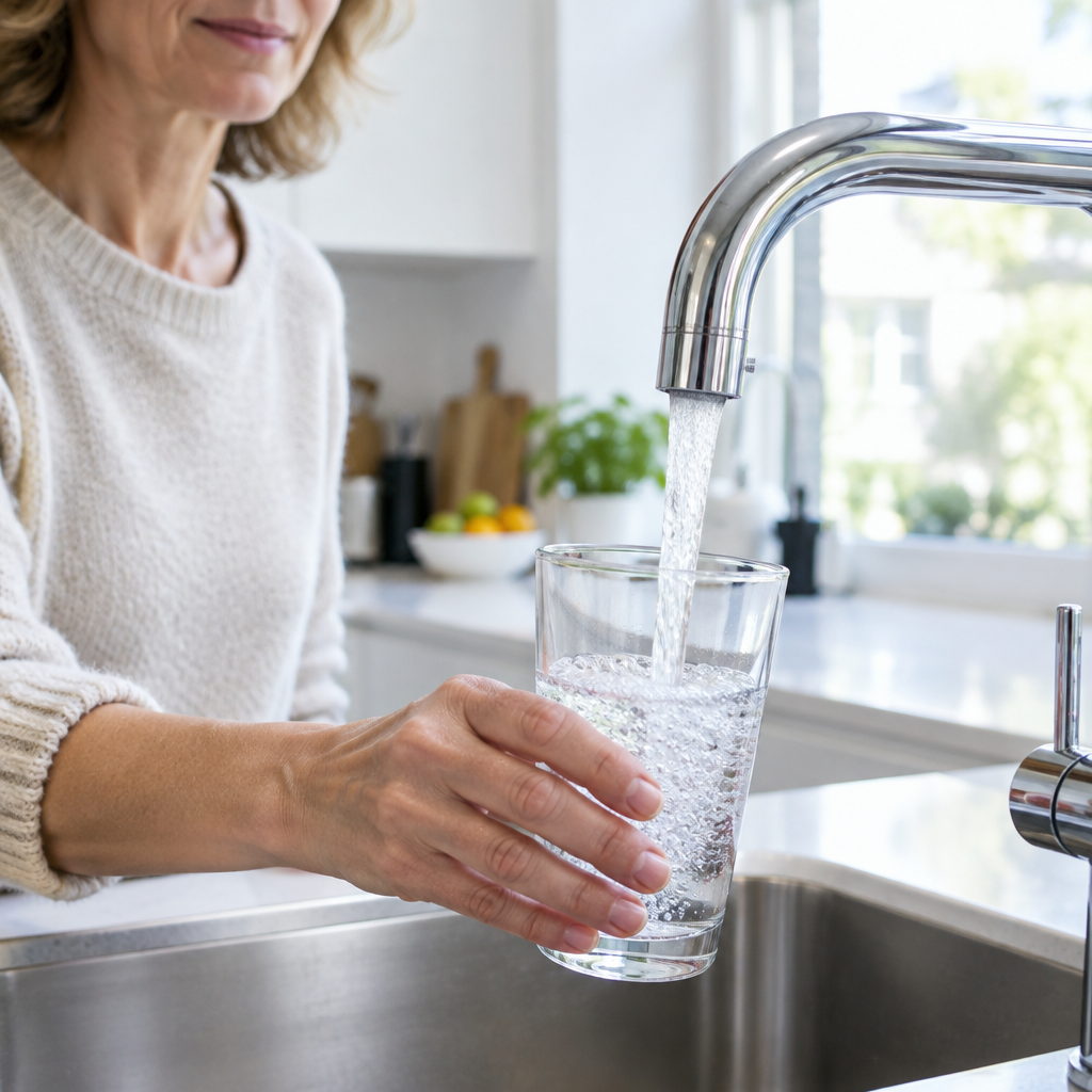 Wasserglas wird am Küchenhahn gefüllt