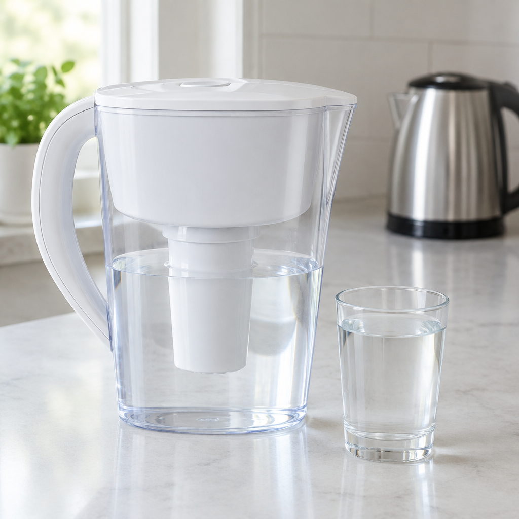 Kannenfilter neben einem Glas Wasser und einem Wasserkocher