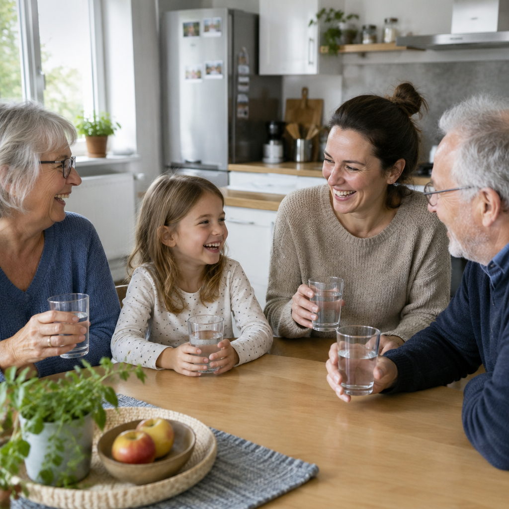 Familie am Küchentisch mit Wassergläsern