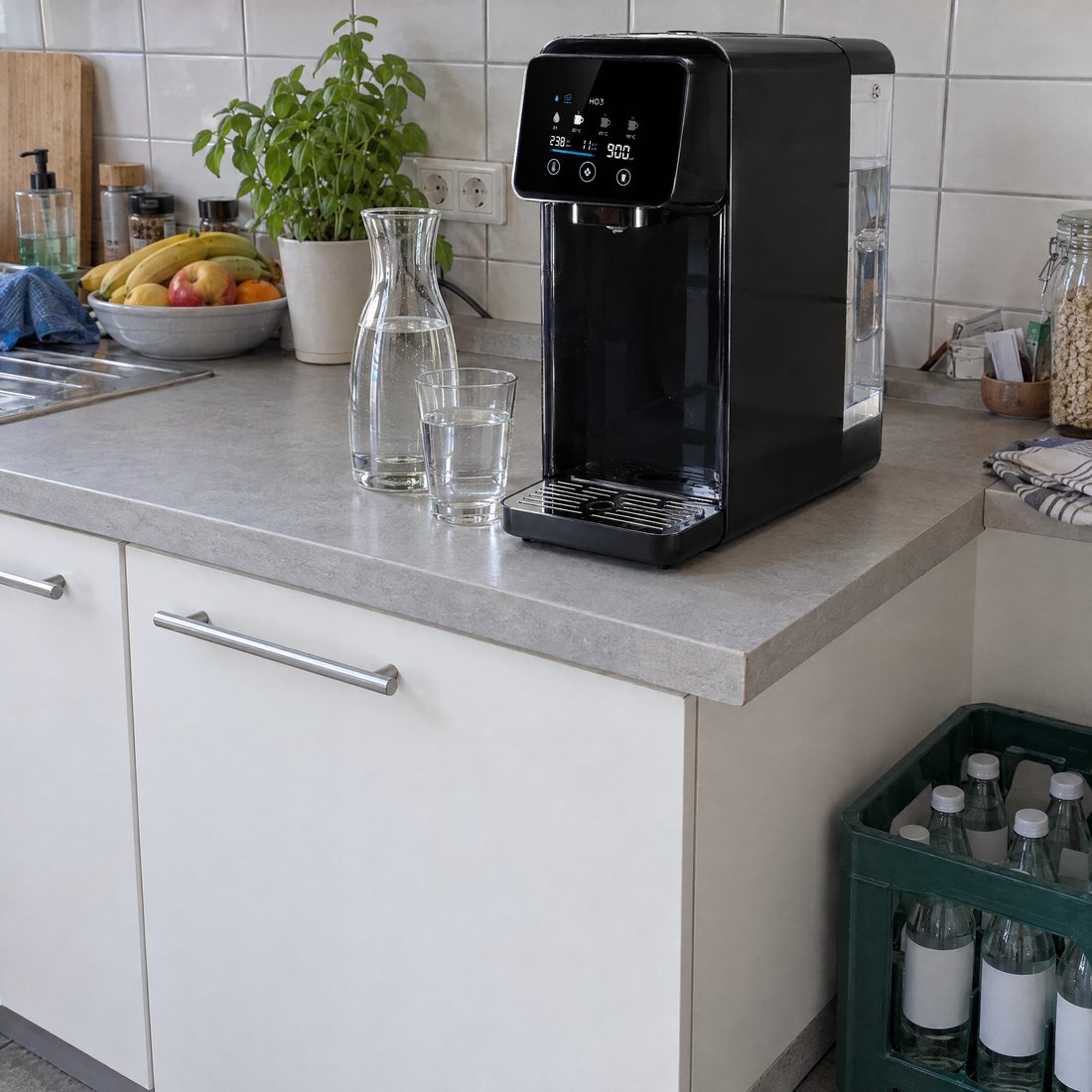 Home One auf der Arbeitsplatte, davor eine Kiste Mineralwasser auf dem Küchenboden