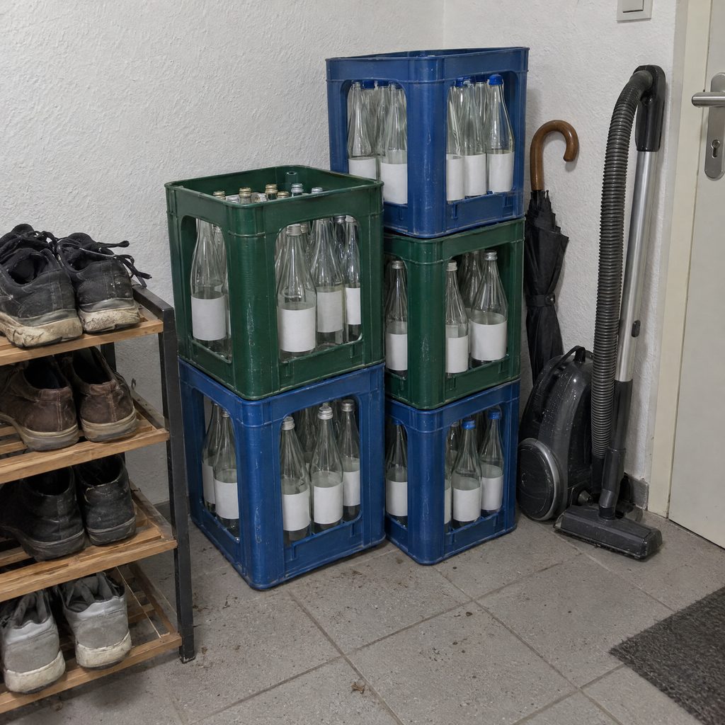 Gestapelte Kisten mit leeren Mineralwasserflaschen im Flur neben dem Schuhregal