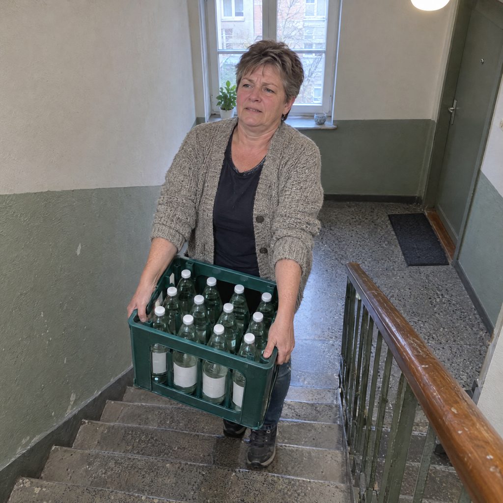 Frau trägt eine schwere Kiste Mineralwasser die Treppe im Mehrfamilienhaus hoch