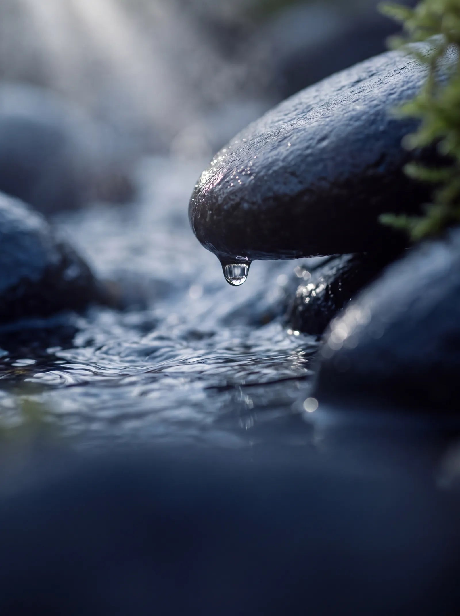 Ein Wassertropfen löst sich von nassem, bemoostem Stein