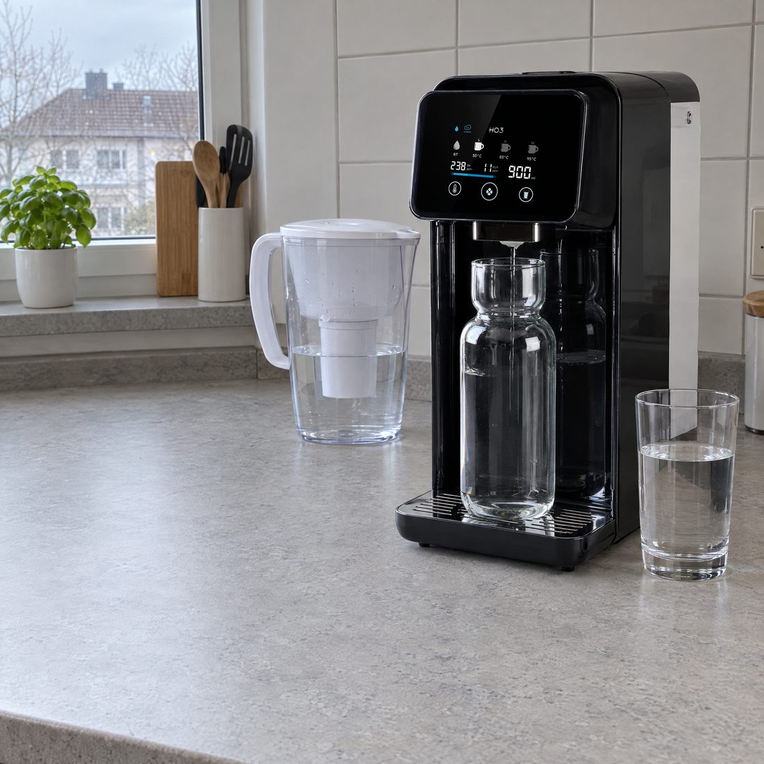 Kannenfilter und Home One nebeneinander auf der Arbeitsplatte, daneben ein Glas Wasser