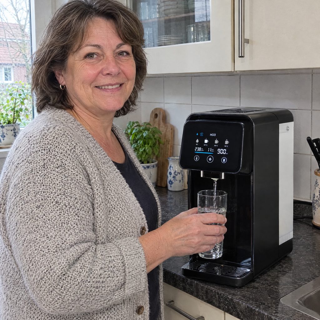 Frau hält ein Glas unter den Home One, gefiltertes Wasser läuft hinein