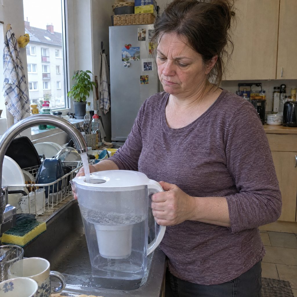 Frau füllt ihren Kannenfilter am Wasserhahn nach und wartet