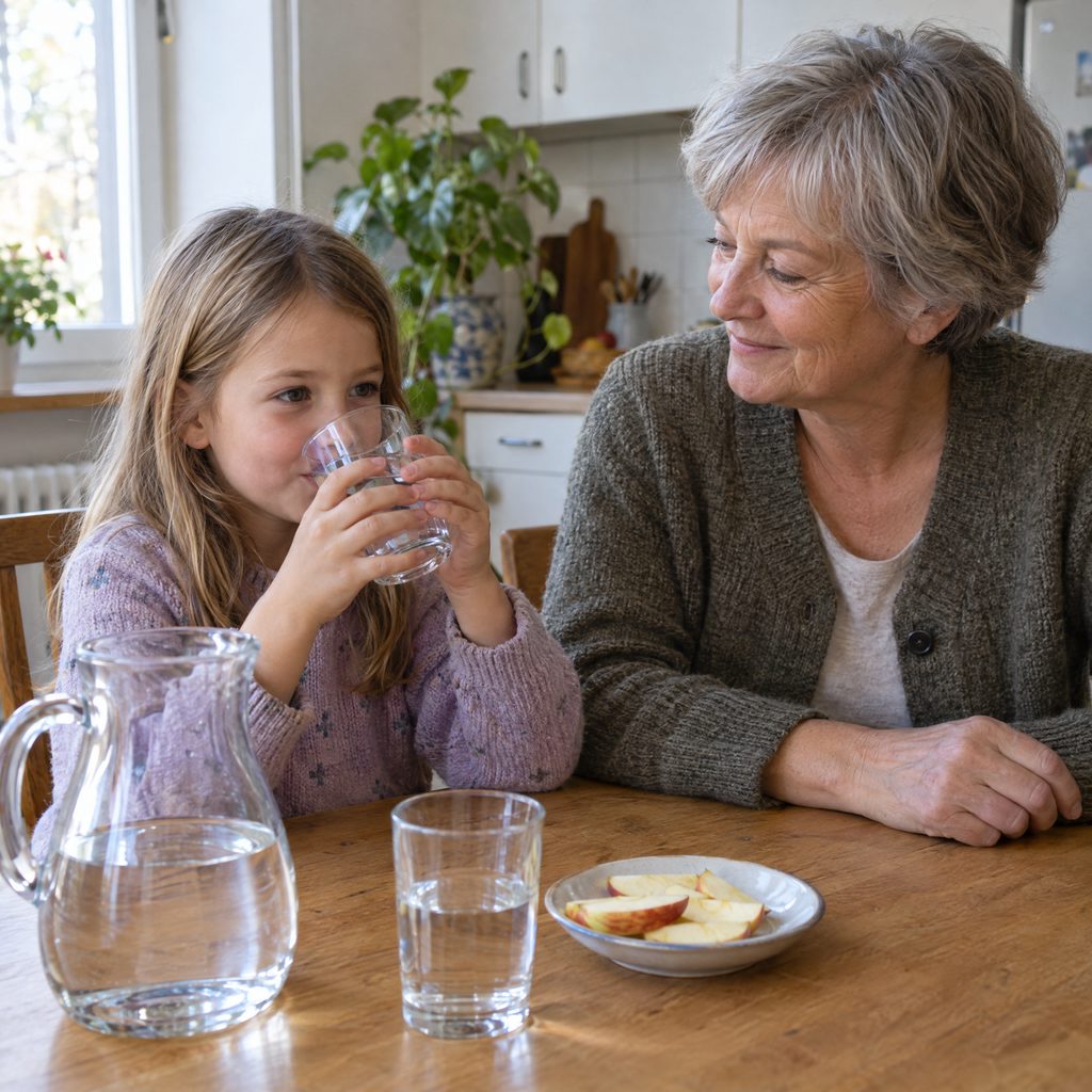 Großmutter mit Enkelkind am Küchentisch, das Kind trinkt Wasser aus einem Glas